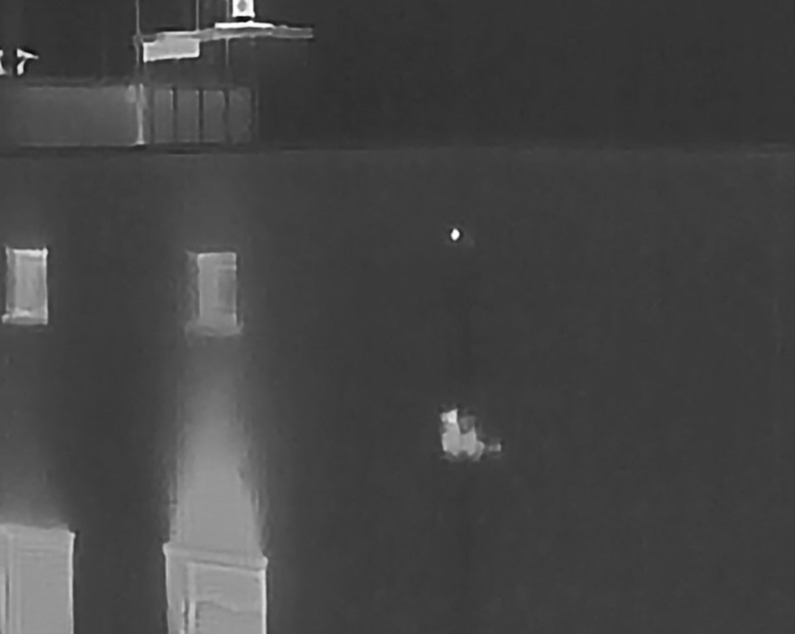 Infrarotaufnahme einer Gebäudefassade mit sichtbaren Wärmebrücken und Feuchtestellen
